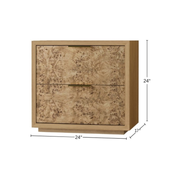 Origins Milan Mahogany Nightstand with Burl Drawer Faces, Soft-Close Drawers & Modern Integrated Pulls Natural 125NAT-02