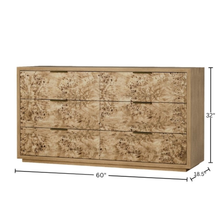 Origins Milan Dresser with Solid Mahogany Frame, Mappa Burl Drawer Fronts, Six Soft-Close Drawers, Fully Assembled Walnut 125BRN-03