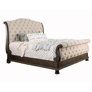 English Elm Rustic Solid Wood Queen Sleigh Bed with Button Tufted Beige Linen Upholstered Frame B2741S00864