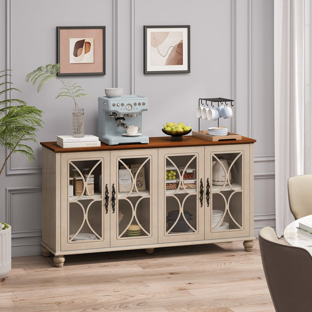 English Elm Elegant European Vintage 4-Door Display Cabinet with Tempered Glass, Solid Wood Legs, Adjustable Shelves, Stylish Storage for Living & Dining Rooms Beige W757P232701