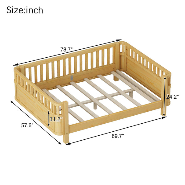 English Elm Full Full Size Wood Platform Bed for Kids with Guardrail, Solid Pine Construction, Low Profile, 350LB Capacity, Natural Finish W2593P367066