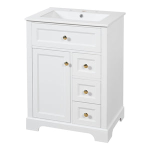 English Elm "24'' 24 Inch Glossy Freestanding Bathroom Vanity with Gold Hardware and Soft Close Storage White Pinewood N725P375495K