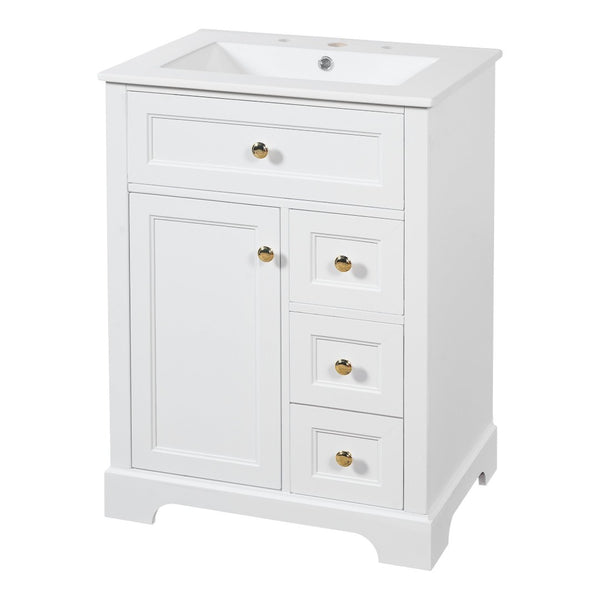 English Elm "24'' 24 Inch Glossy Freestanding Bathroom Vanity with Gold Hardware and Soft Close Storage White Pinewood N725P375495K