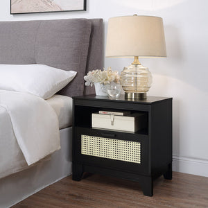 English Elm Sheridan 22" Nightstand with Cane-Style MDF Finish, Full-Extension Drawer, Solid Wood Legs Black B365P398186