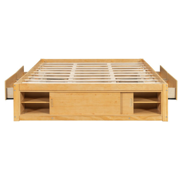 English Elm Queen Platform Bed with Four Storage Drawers Footboard Cubby Modern Low Profile Frame Natural LP000138AAN