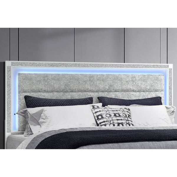 English Elm Soulmarie Solid Wood King Bed with Padded Headboard, LED Lights, Glitter Detail & Curved Legs White 84.84 L x 7.87 W x 4.72 H B201S00453
