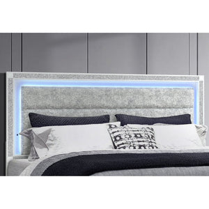 English Elm Soulmarie Upholstered Queen Bed with Led Lighting Padded Headboard Glam White Frame B201S00454