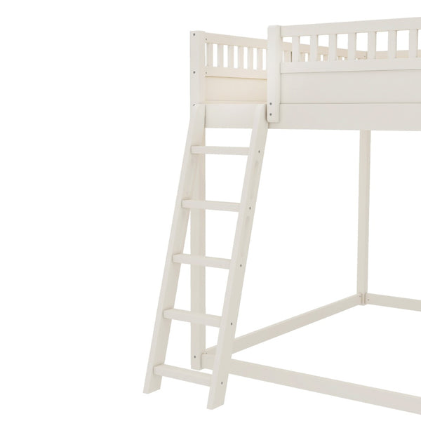 English Elm Queen Loft Bed with Upholstered Headboard Built-in Slide and Open Storage Shelves Beige W1580S00307
