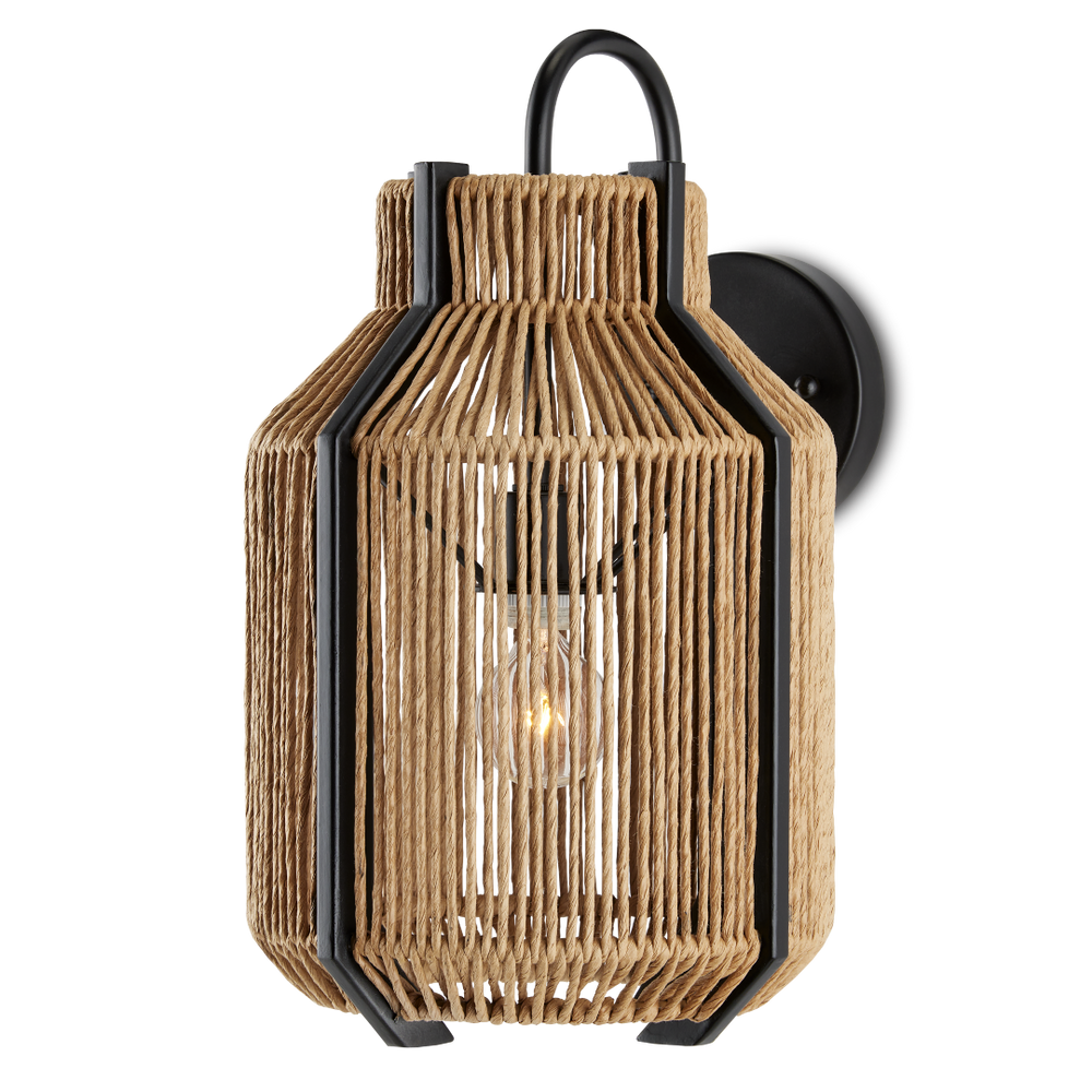 Mali Wall Sconce - Bohemian Elegance with Natural Woven Shade & Satin Black Wrought Iron Design
