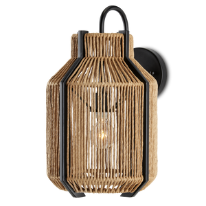 Mali Wall Sconce - Bohemian Elegance with Natural Woven Shade & Satin Black Wrought Iron Design