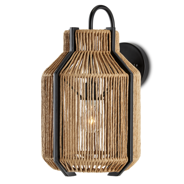 Mali Wall Sconce - Bohemian Elegance with Natural Woven Shade & Satin Black Wrought Iron Design
