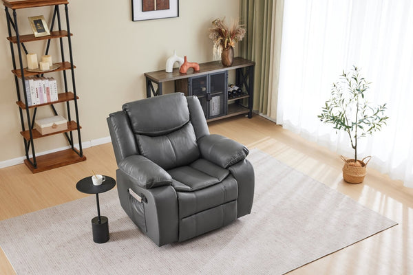 English Elm Black Air Leather Massage Recliner with Vibration Heating for Living Room Lounge Gray B2766P488713
