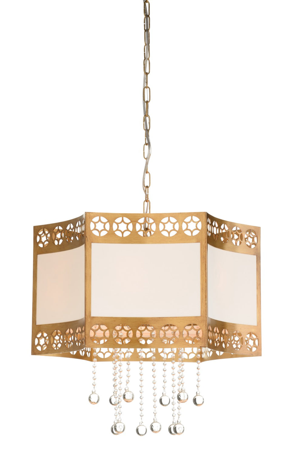 Wildwood Golden Glory Hexagonal Chandelier By Cheryl Luckett — Handcrafted Italian Antique Brass, Fabric Shade, Crystal Accents, 24" 12600
