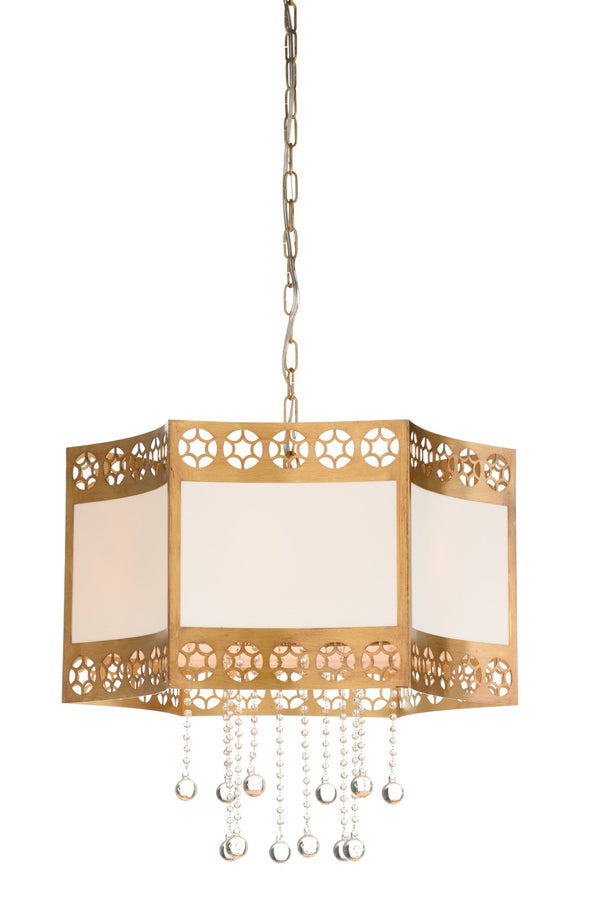 Wildwood Golden Glory Hexagonal Chandelier By Cheryl Luckett — Handcrafted Italian Antique Brass, Fabric Shade, Crystal Accents, 24" 12600
