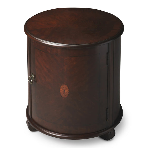 Butler Specialty Lawrie Round Wood Drum Side Table With Elegant Inlay Design And Ample Storage For Your Home Decor Dark Brown Cherry,Maple And Walnut Veneers,Rubberwood Solids,Mdf 1260024-butler