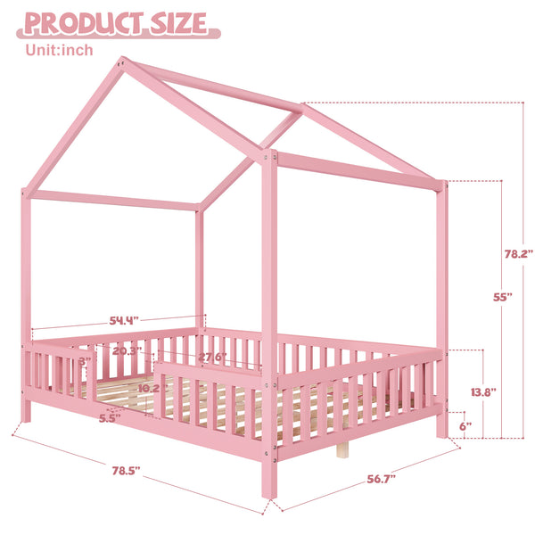 English Elm Montessori House Bed Frame Twin with Canopy & Full Guardrails, Cozy Kids Platform Bed for Toddlers Pink 77.8 L x 17.25 W x 7 H N733P356048H