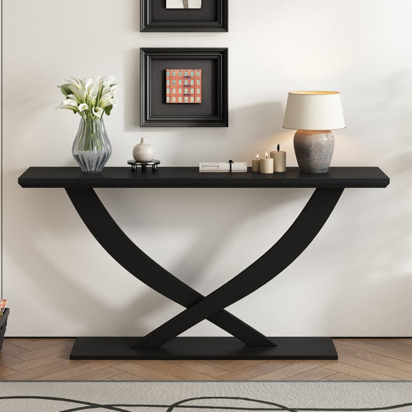 English Elm Mirod 57 Inch Acacia Veneer Console Table with Cross Leg Base for Entryway Black N760P214643B