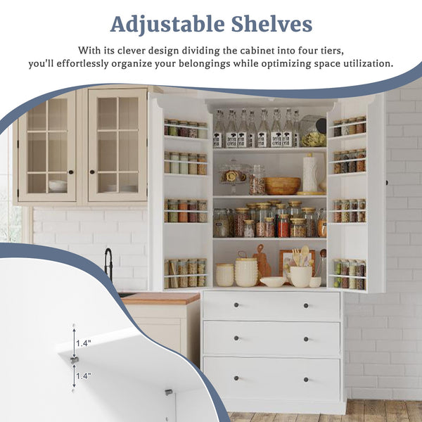 English Elm [Assembly 77in Farmhouse Kitchen Pantry Tall Freestanding Storage Cabinet with 3 Adjustable Shelves, 8 Door Shelves, 3 Drawers, Durable MDF White SP000047AAK