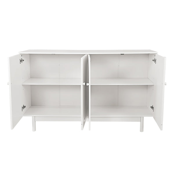 English Elm Stylish 4-Door Intaglio Storage Cabinet with Pine Legs and Solid Wood Pulls, Mid-Century Modern Console White W757P151917