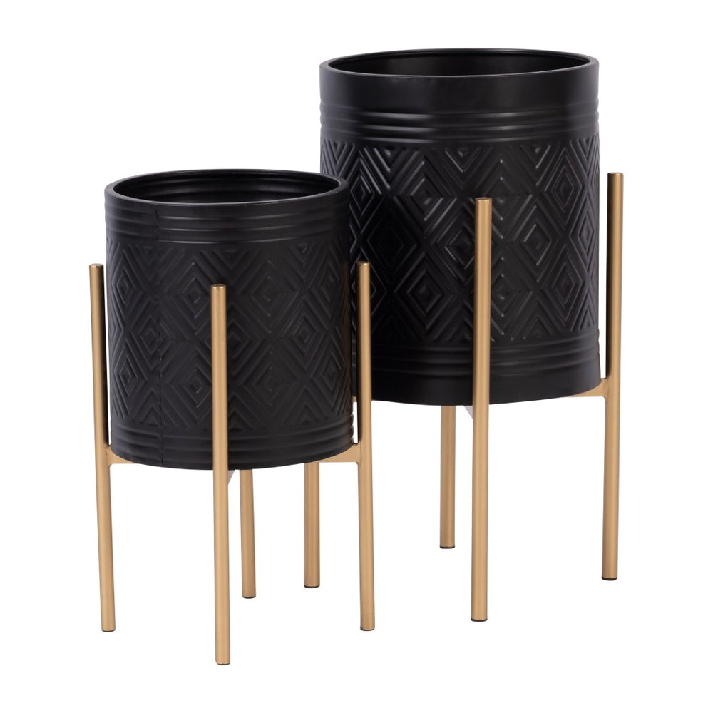 English Elm S/2 Aztec Geometric Iron Planters with Stands Bold Global Decor for Home or Patio B079106790