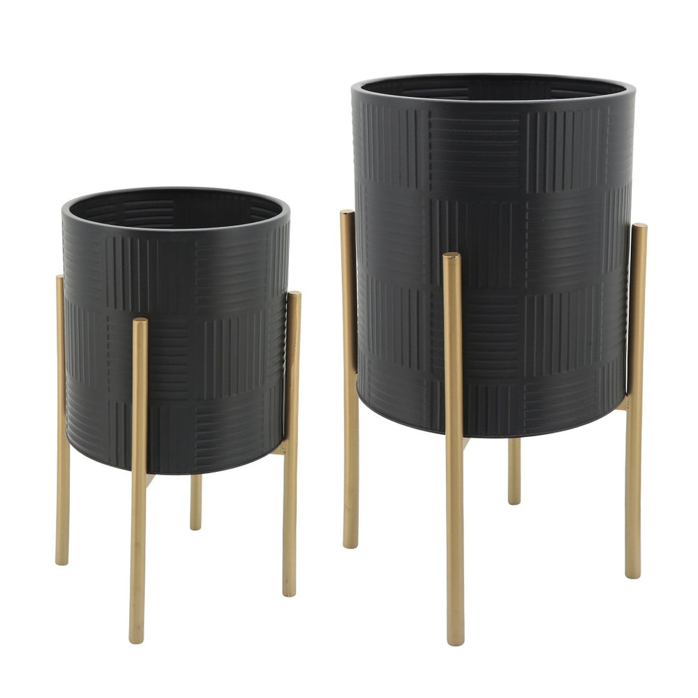 English Elm S/2 Iron Planters with Geometric Embossed Detail on Gold Metal Stands Indoor Outdoor B079106791