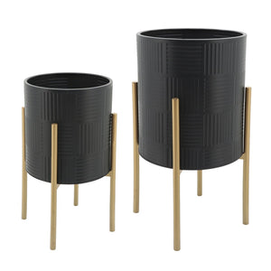 English Elm S/2 Iron Planters with Geometric Embossed Detail on Gold Metal Stands Indoor Outdoor B079106791