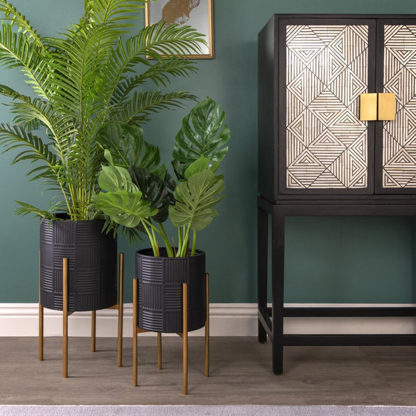 English Elm S/2 Iron Planters with Geometric Embossed Detail on Gold Metal Stands Indoor Outdoor B079106791