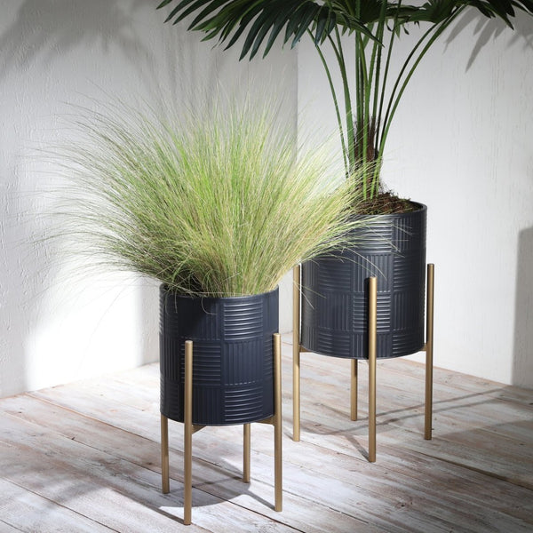 English Elm S/2 Iron Planters with Geometric Embossed Detail on Gold Metal Stands Indoor Outdoor B079106791