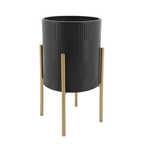 English Elm S/2 Iron Planters with Geometric Embossed Detail on Gold Metal Stands Indoor Outdoor B079106791
