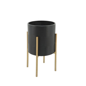 English Elm S/2 Iron Planters with Geometric Embossed Detail on Gold Metal Stands Indoor Outdoor B079106791