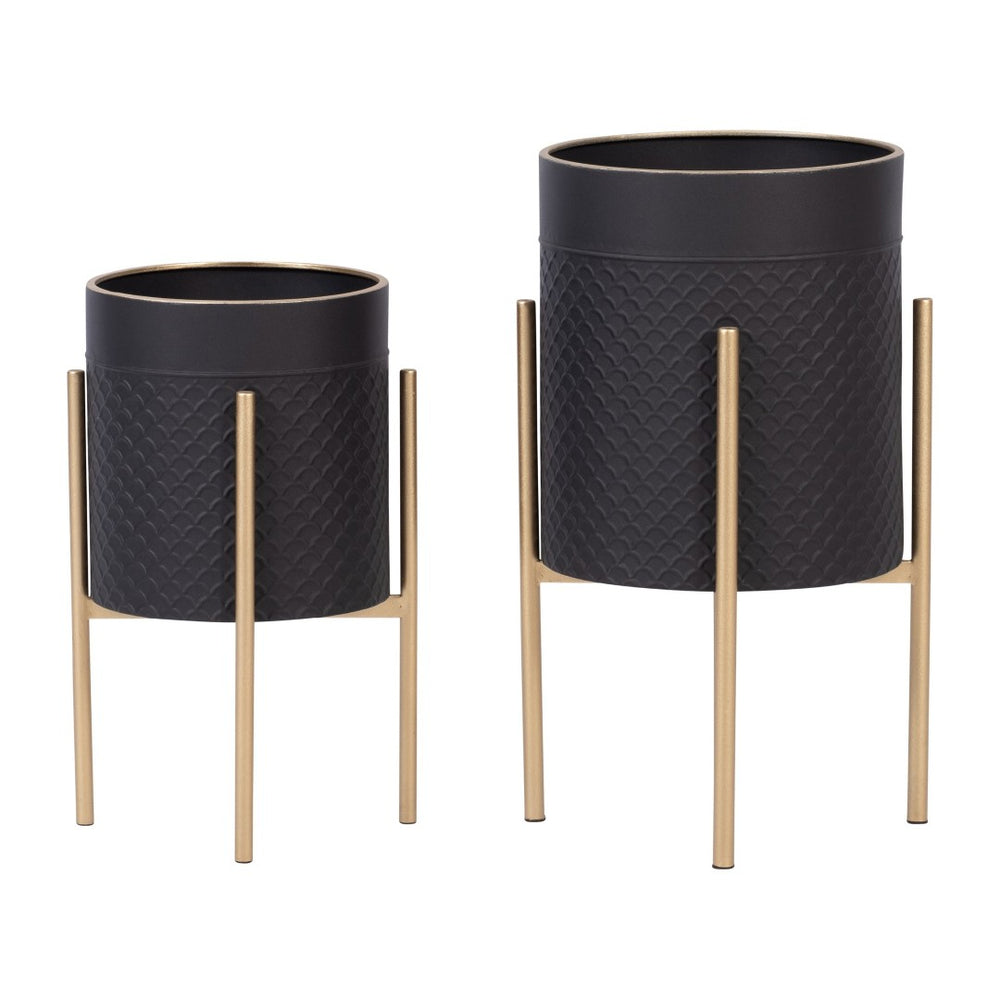 English Elm S/2 Iron Scale Shaped Planters on Stands Architectural Black Gold Indoor Outdoor B079106792