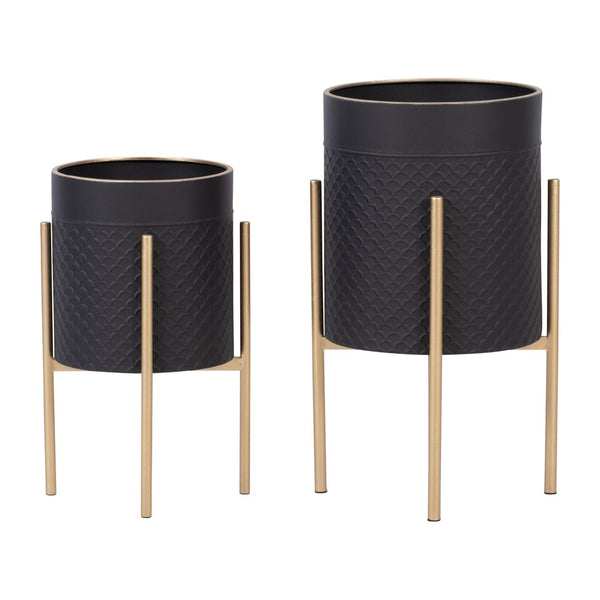 English Elm S/2 Iron Scale Shaped Planters on Stands Architectural Black Gold Indoor Outdoor B079106792