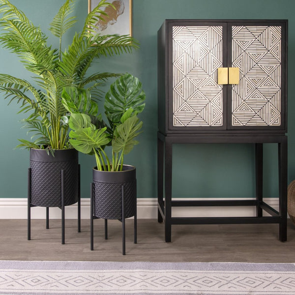 English Elm S/2 Iron Scale Shaped Planters on Stands Architectural Black Gold Indoor Outdoor B079106792