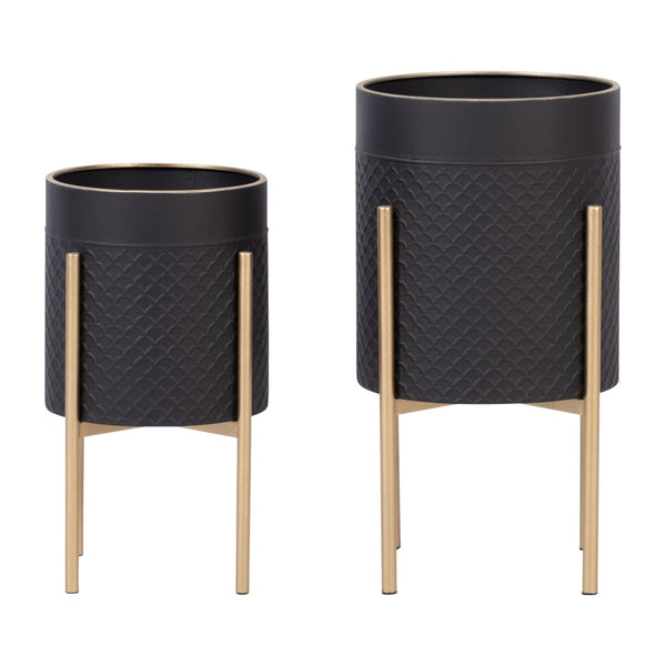 English Elm S/2 Iron Scale Shaped Planters on Stands Architectural Black Gold Indoor Outdoor B079106792