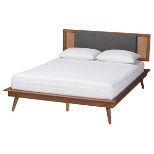 Baxton Studio Delfina Mid-Century Modern Dark Grey Fabric and Walnut Brown Finished Wood King Size Platform Bed