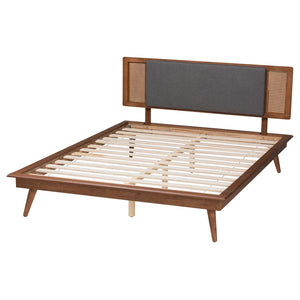 Baxton Studio Baxton Studio Delfina Queen Size Platform Bed in Dark Grey Fabric with Walnut Wood Finish Design MG0005-1/0004-Rattan-Queen