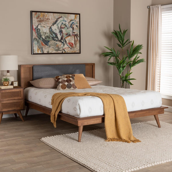 Baxton Studio Baxton Studio Delfina Queen Size Platform Bed in Dark Grey Fabric with Walnut Wood Finish Design MG0005-1/0004-Rattan-Queen