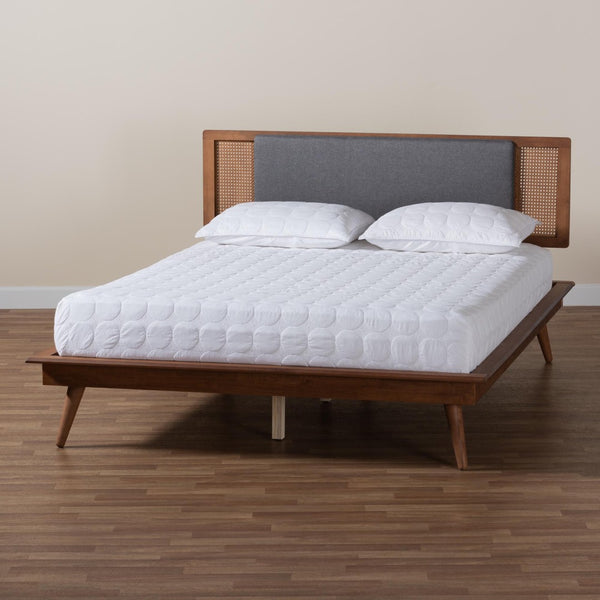 Baxton Studio Baxton Studio Delfina Queen Size Platform Bed in Dark Grey Fabric with Walnut Wood Finish Design MG0005-1/0004-Rattan-Queen