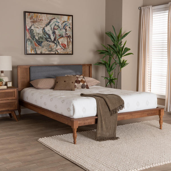 Baxton Studio Baxton Studio Mid-Century Modern Dark Grey Fabric Platform Bed with Walnut Wood and Storage Space Eliseo King MG0005-Rattan-King