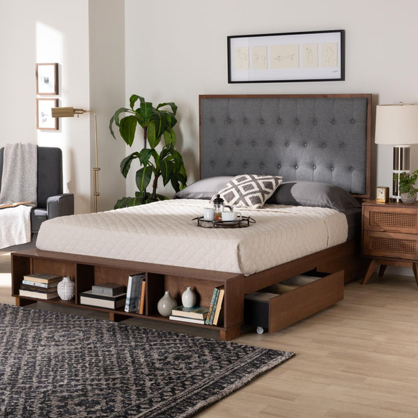 Baxton Studio Baxton Studio Jalie King Platform Storage Bed with Grey Upholstered Headboard & Walnut Finish MG9765/6001-1S-King