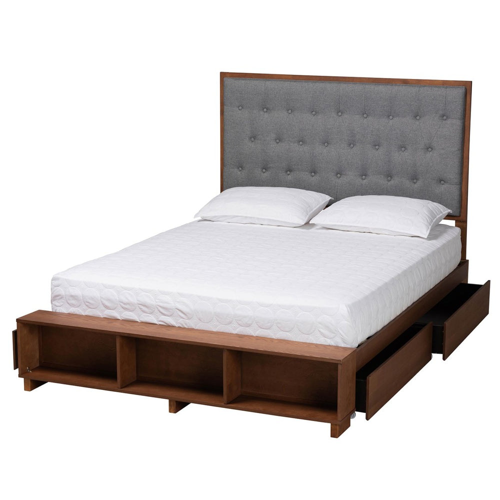 Baxton Studio Baxton Studio Jalie King Platform Storage Bed with Grey Upholstered Headboard & Walnut Finish MG9765/6001-1S-King
