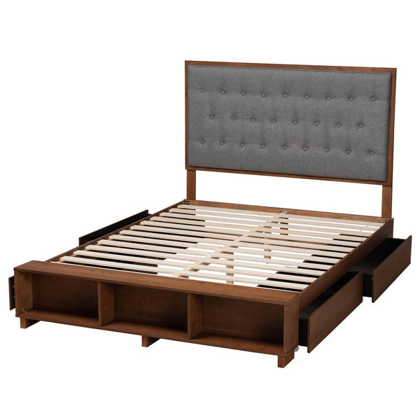Baxton Studio Baxton Studio Jalie King Platform Storage Bed with Grey Upholstered Headboard & Walnut Finish MG9765/6001-1S-King