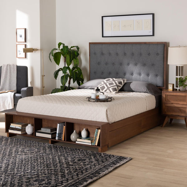Baxton Studio Baxton Studio Jalie King Platform Storage Bed with Grey Upholstered Headboard & Walnut Finish MG9765/6001-1S-King