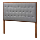 Harumi Classic and Traditional Grey Fabric and Walnut Brown Finished Wood Headboard