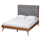 Dericia Classic and Traditional Grey Fabric and Walnut Brown Finished Wood Platform Bed