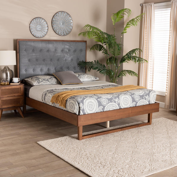 Baxton Studio Bryn Classic and Traditional Grey Fabric and Walnut Brown Finished Wood Queen Size Platform Bed