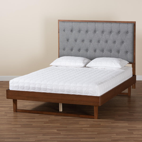 Baxton Studio Bryn Classic and Traditional Grey Fabric and Walnut Brown Finished Wood Queen Size Platform Bed