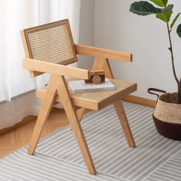 English Elm Modern Rattan Back Dining Chairs Set of 2 Solid Wood Frame Mid-century Seating W3101P414156