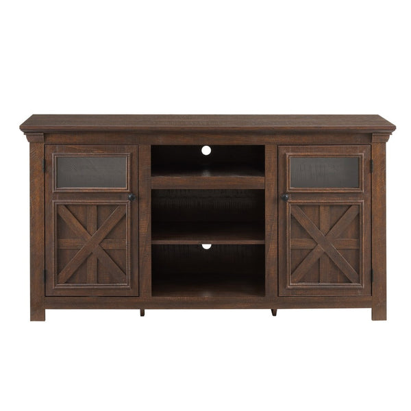 English Elm 2 Door Farmhouse Media Console with Glass Cabinet Panels and Open Shelving for Living Rooms W2275P389693