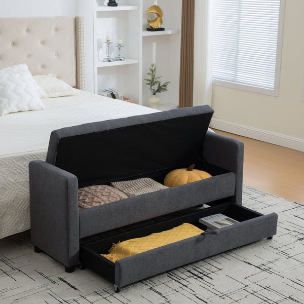 English Elm 58.27" Wide Napped Fabric Upholstered Storage Bench Rolled Armrest Caster Wheels Entryway Gray W3189P445992